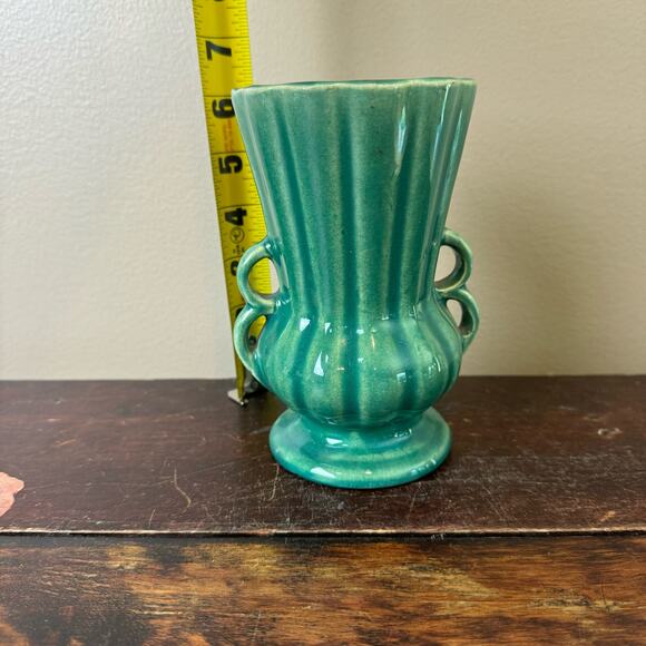 Vintage 40s 50s 60s McCoy Green Blue Turquoise Teal Double Handle Urn Vase - Picture 9 of 9